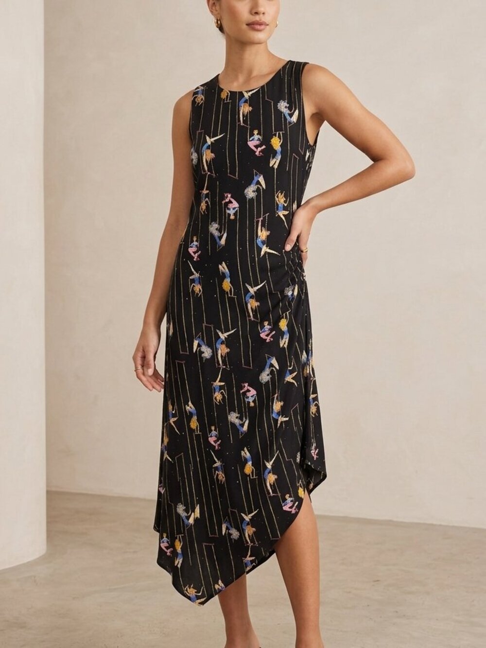 Lez a Lez Whimsical Acrobats Dress, Handkerchief Hem, Novelty Print, Size L